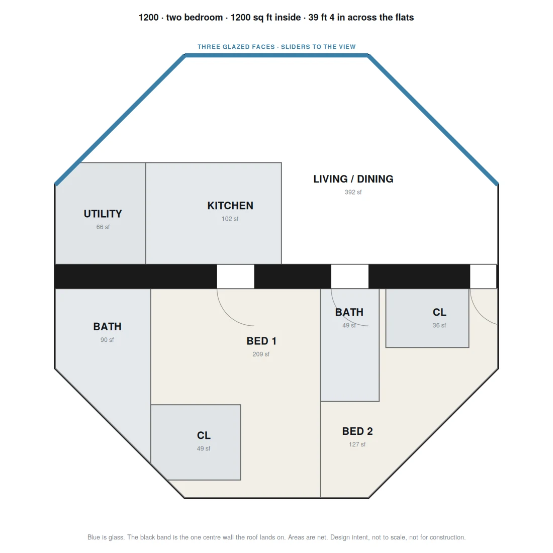 1200 floor plan as a two bedroom, design intent