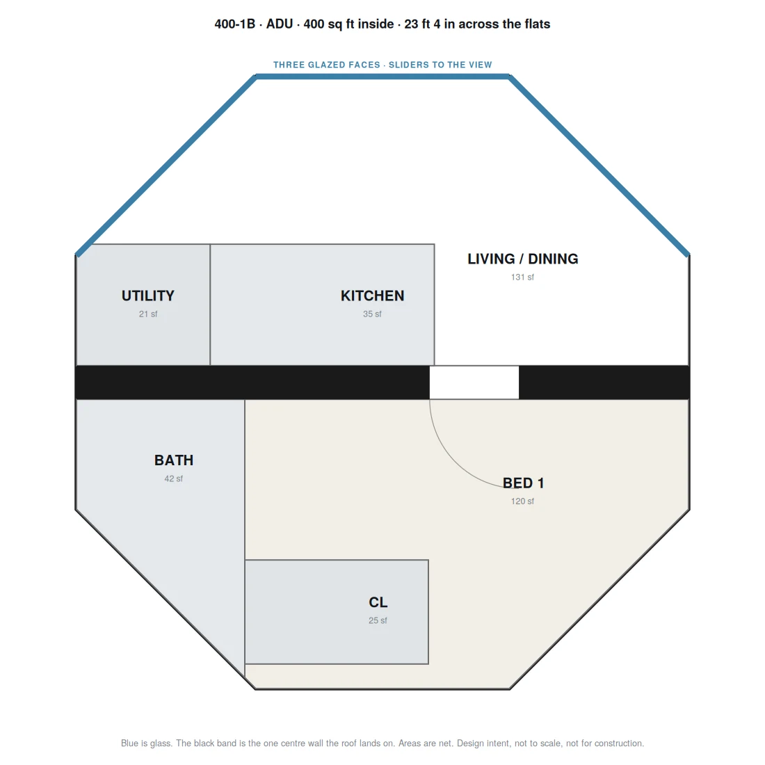 400-1B floor plan, one bed, one bath, design intent