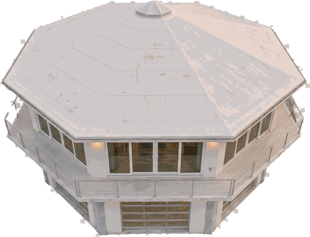 The hipped octagonal roof seen from above, eight slopes meeting at a central peak